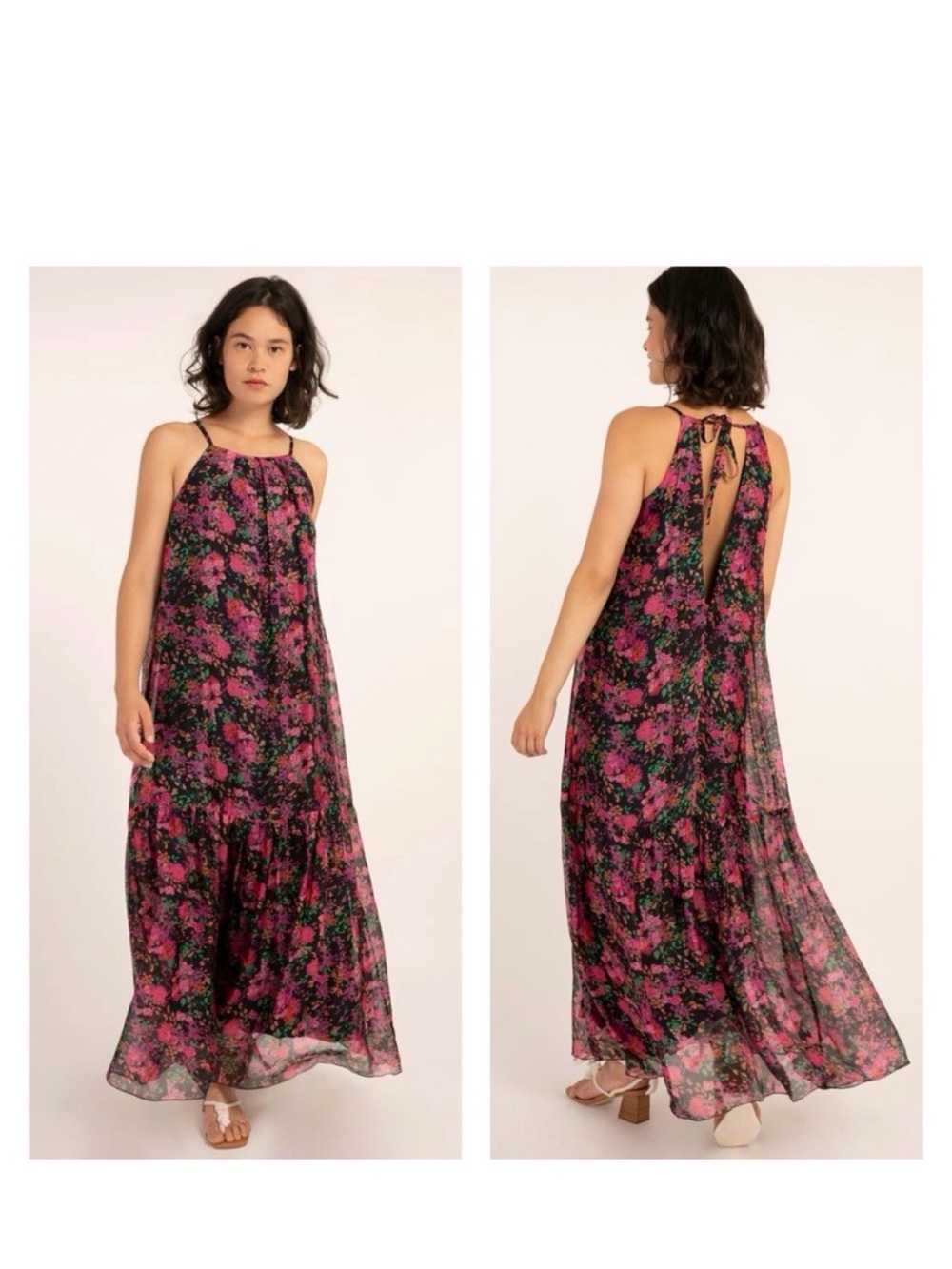 FRNCH Pink and Black Floral Halter Maxi Dress
